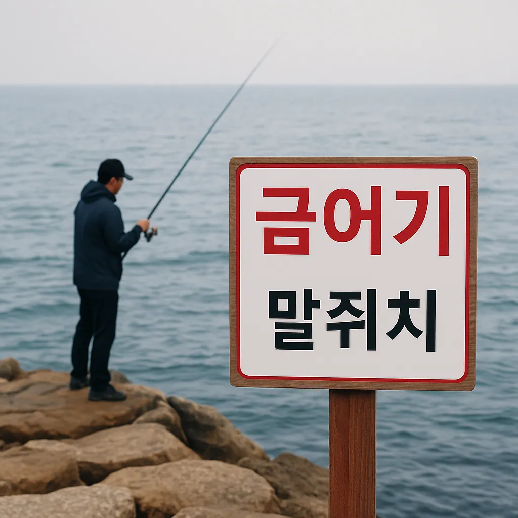 서해에서 낚시하는 사람과 말쥐치 금어기 표지판