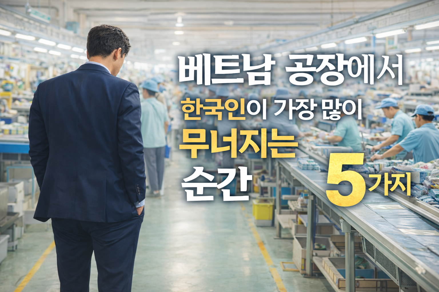 베트남 공장에서 작업 라인을 바라보는 한국인 관리자와 생산 현장 모습