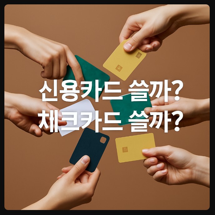 신용카드 쓸까 체크카드 쓸까 고민하는 사람들의 손