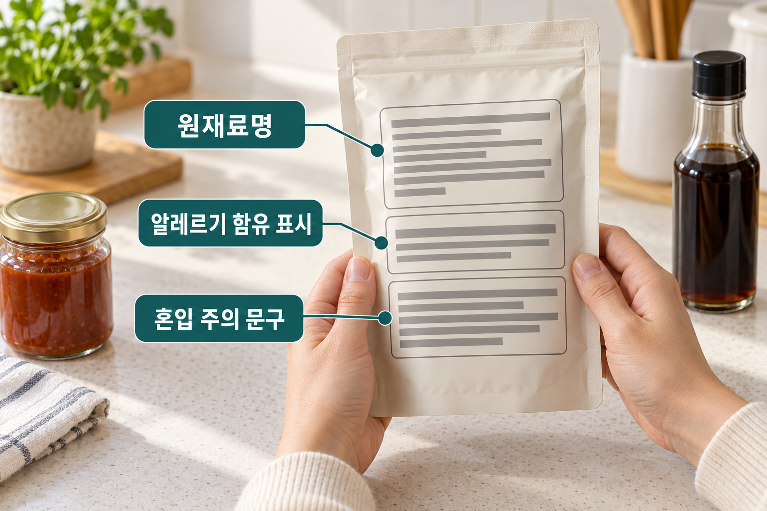 양념병과 포장 소스의 원재료명·함유 표시·혼입 주의 문구를 확인하는 손