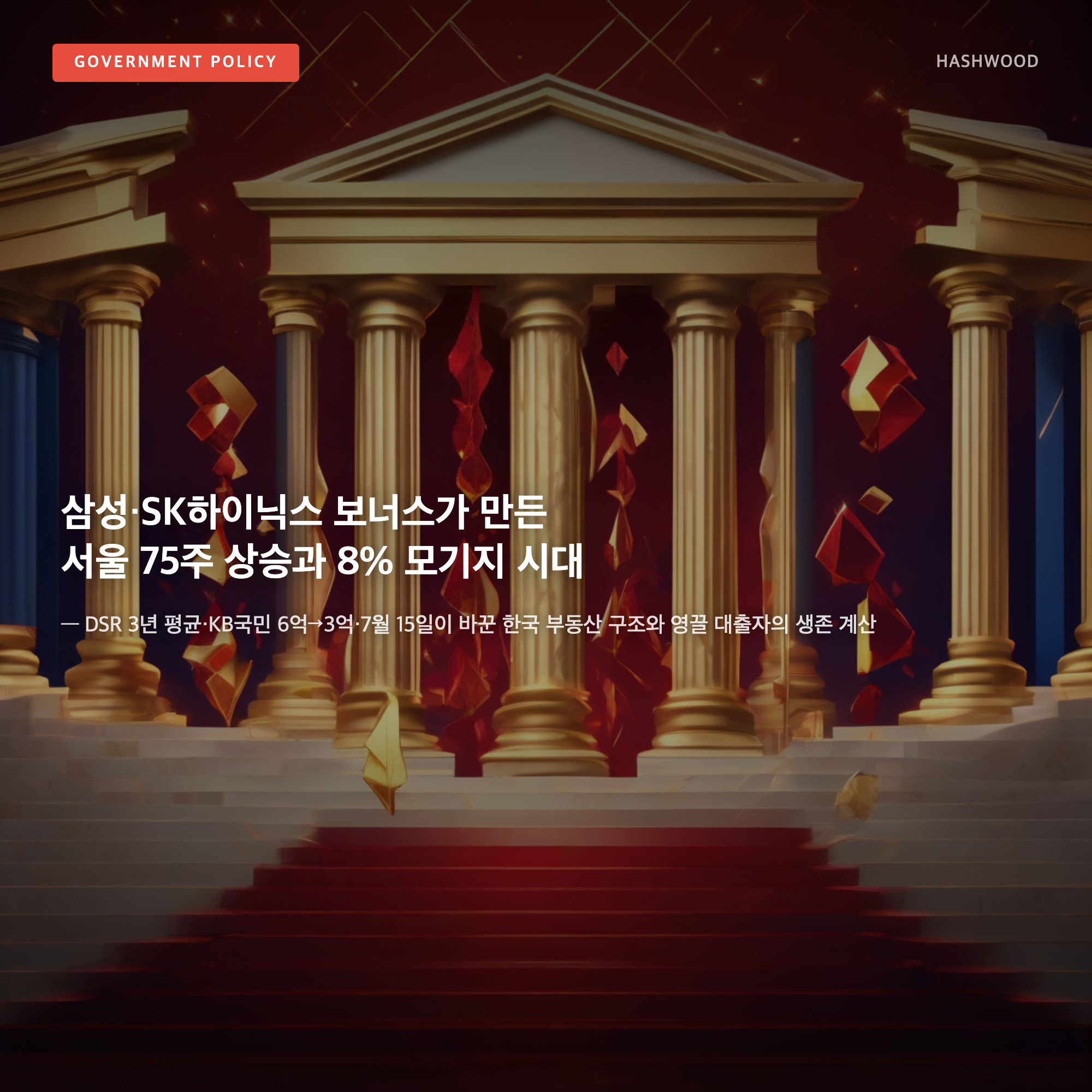 DSR 3년 평균·8% 모기지·KB국민 6억→3억 — 삼성·SK하이닉스 보너스가 만든 서울 75주 상승과 7월 15일이 바꾼 한국 부동산 구조
