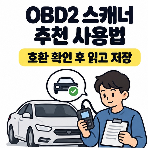 OBD2 스캐너 추천 사용법 제목 아래 주차된 자동차 옆에서 진단기와 메모를 준비하며 호환 확인 후 읽고 저장하라는 안내