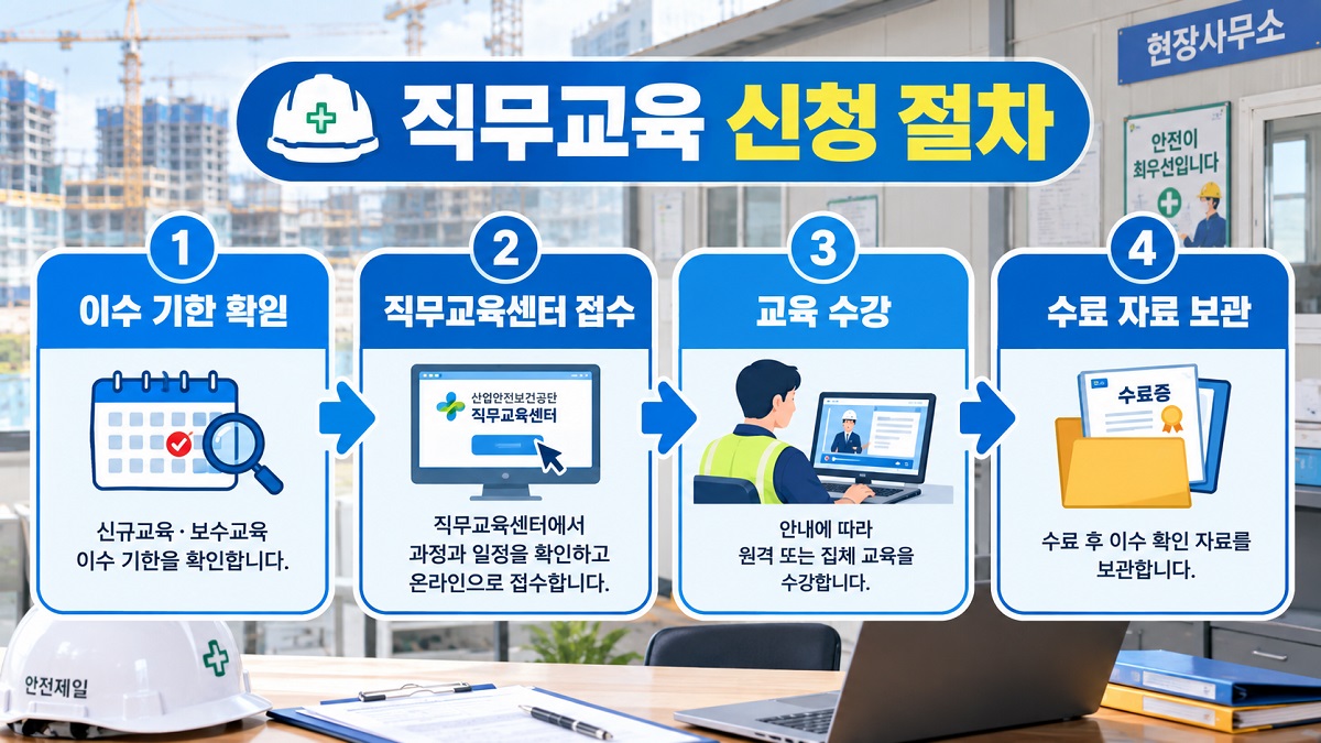 안전관리자 직무교육 신청부터 수료 후 이수 자료 보관까지의 절차 흐름도