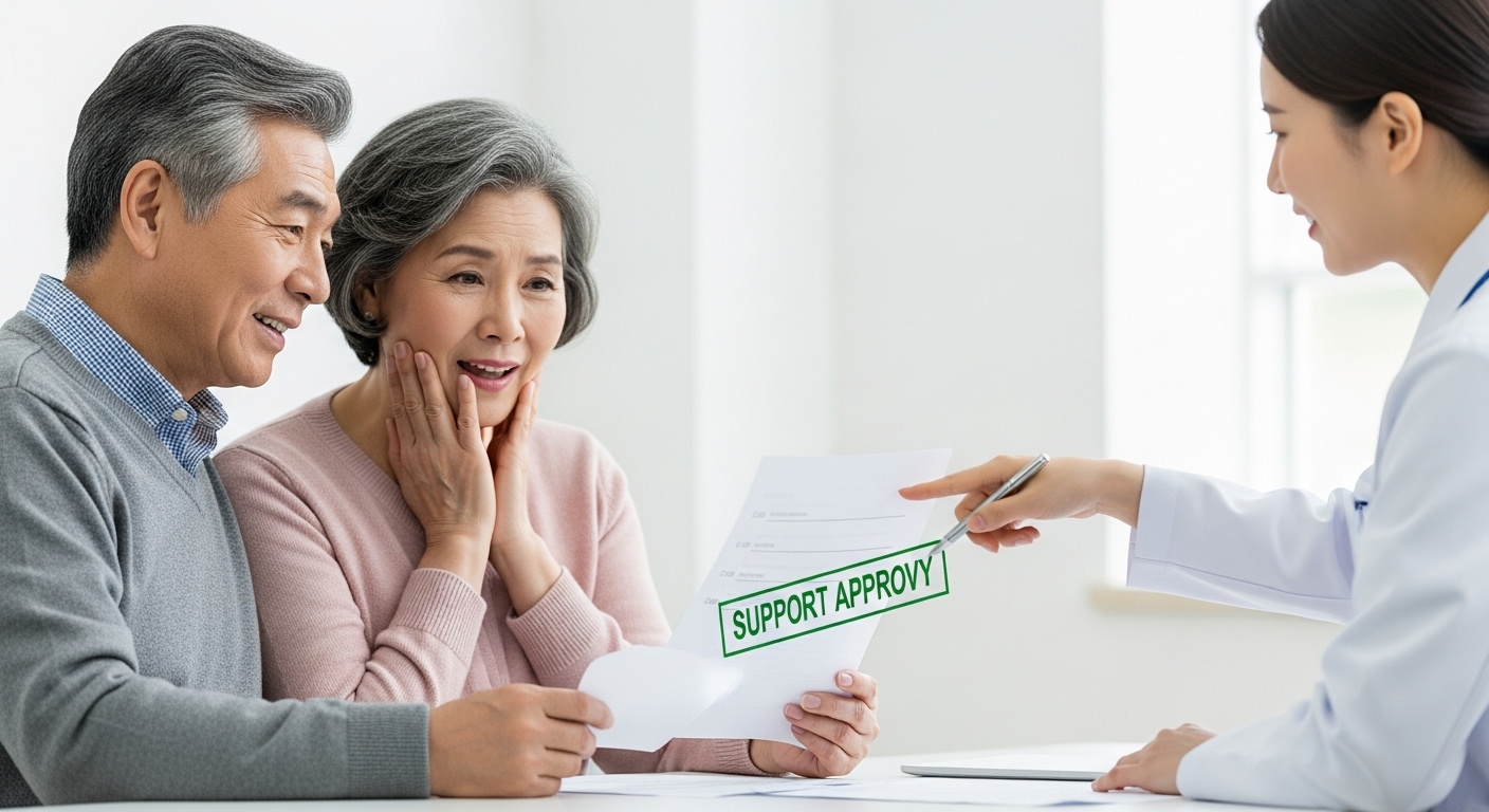 병원 원무과에서 재난적 의료비 지원 승인 서류를 확인하며 안도하는 노부부