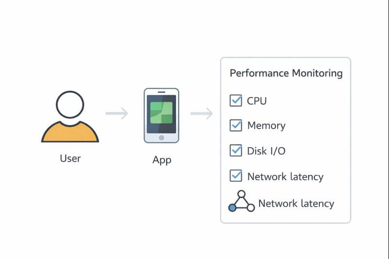 사용자가 프로그램을 실행할 때 CPU, 메모리, 디스크 I/O, 네트워크 지표를 순서대로 확인해 병목을 찾는 전산학 진단 흐름도