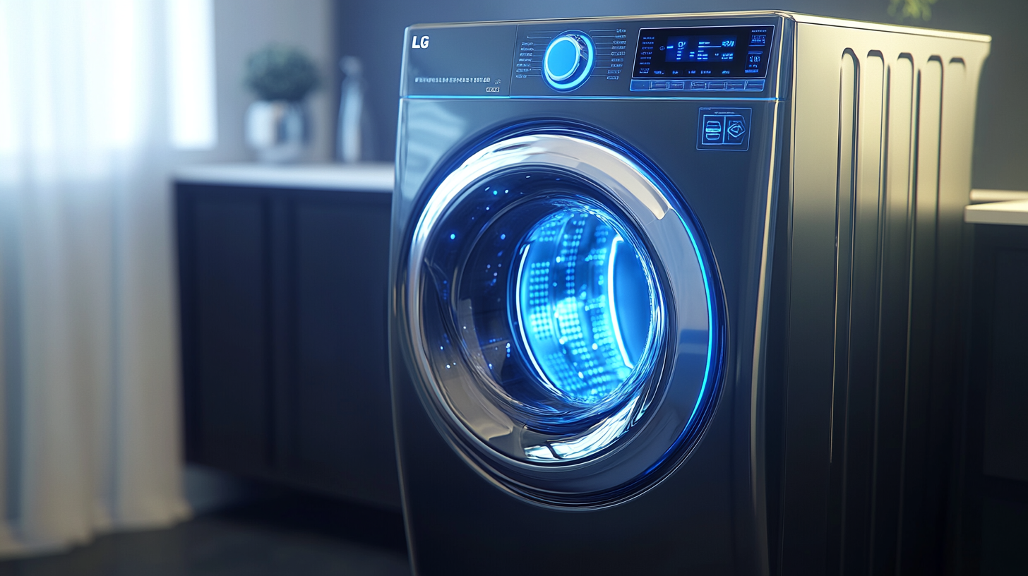 최신 AI 인터페이스와 미래 지향적 디자인을 갖춘 세련된 LG 트롬 세탁기, 스마트하고 사용자 친화적인 조작 패널을 특징으로 하는 이미지