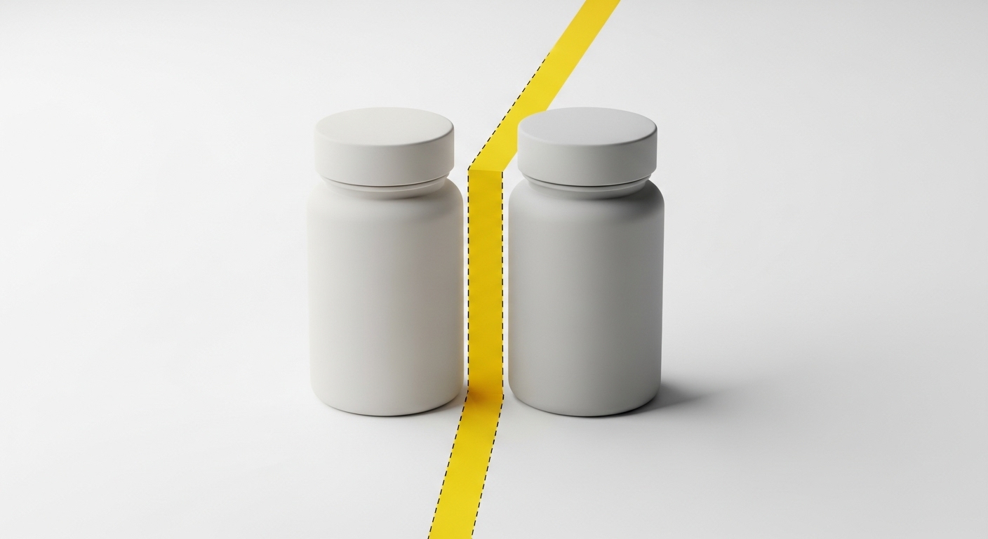 경고-표시를-사이에-두고-두-개의-중립적인-색상의-알약병을-보여주는-시각적-콘셉트.-실제-약물-브랜드를-묘사하지-않고-잠재적인-상호작용을-상징하고-있습니다.