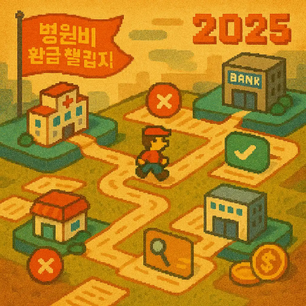 병원, 약국, 보험사 등의 미니어처와 심사 아이콘들이 게임 보드에 배치되어 있고, 지름길과 장애물로 현실의 시스템을 풍자한 구성