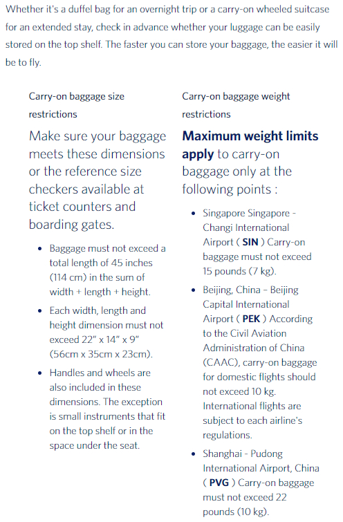 Carry-on baggage size and weight restrictions of Delta Air Lines
