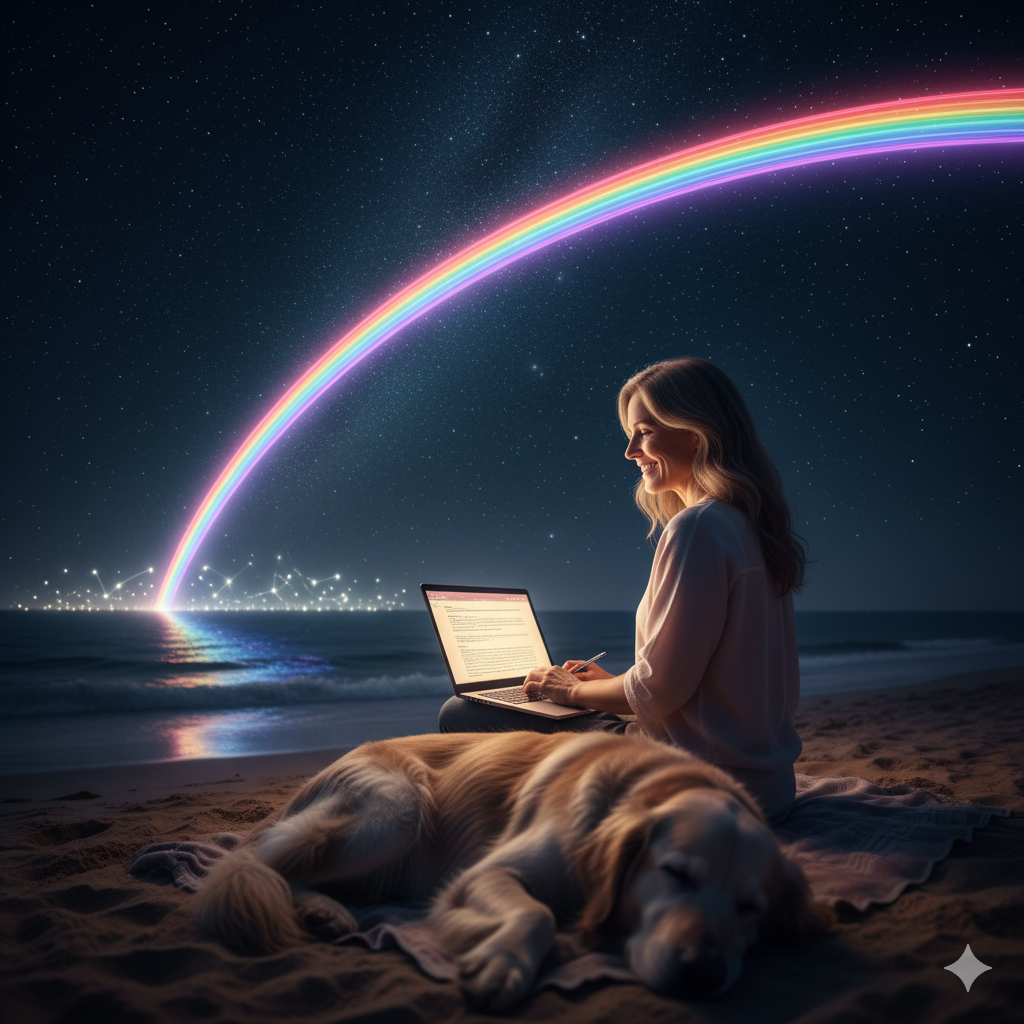 밤바다 위로 노트북에서 나온 무지개 다리가 독자들의 마음(빛)으로 이어지는 모습