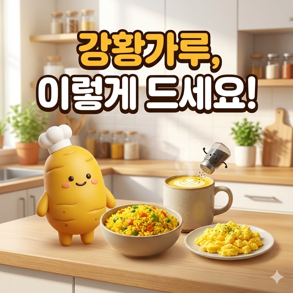 노란색 강황 뿌리 캐릭터가 강황밥, 강황 라떼 등 다양한 요리 옆에 서 있고, 후추통 캐릭터가 라떼 위에 앉아있는 모습. '강황가루, 이렇게 드세요!' 문구가 시선을 끄는 3D 카툰 일러스트.