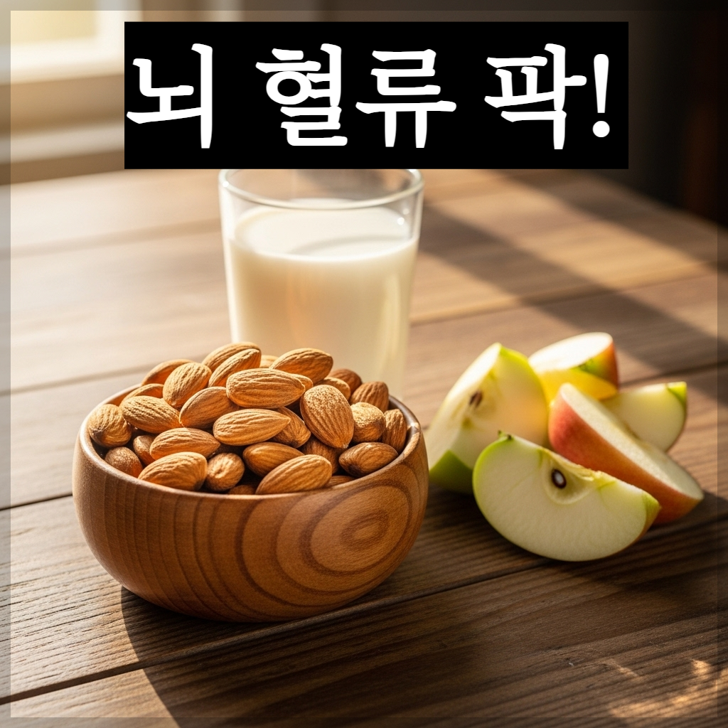 따스한 아침 햇살이 비치는 주방 테이블 위에 놓인 정갈한 구운 아몬드 알갱이들과 유리잔에 담긴 신선한 아몬드 우유, 사과 조각들이 어우러진 치유 분위기의 실사 이미지