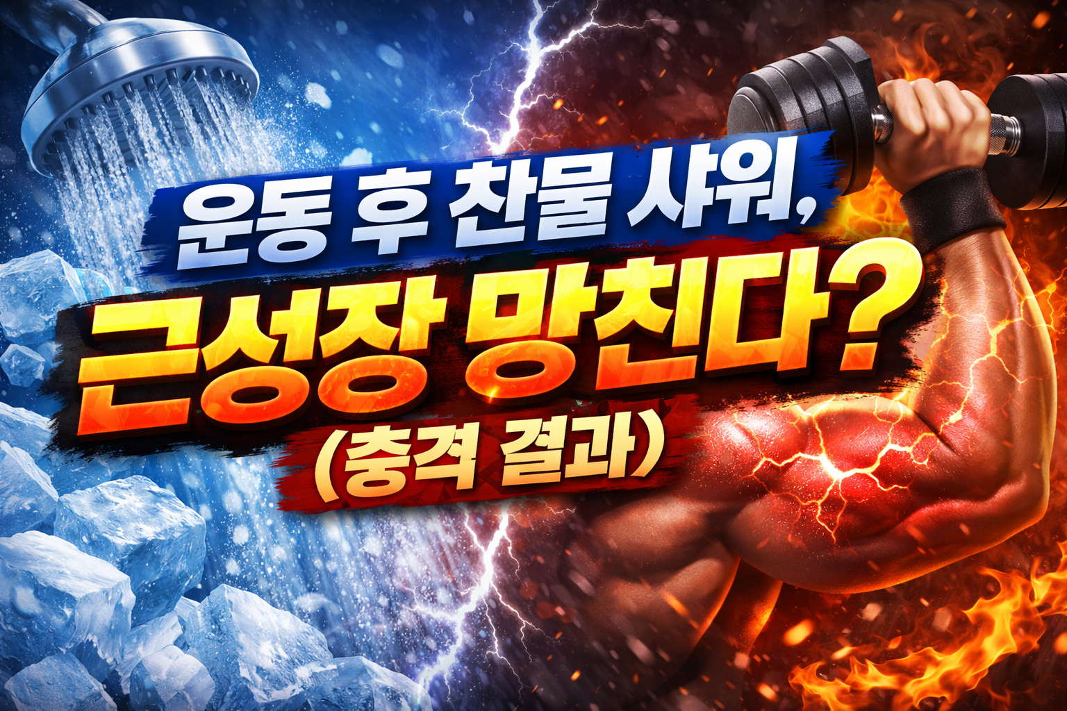 운동 후 찬물 샤워 근성장 영향 비교 이미지, 샤워 수온에 따른 회복과 근육 성장 차이를 설명하는 자료