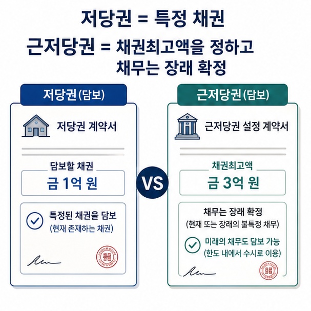 저당권은 특정 채권을 담보하고 근저당권은 채권최고액을 정한 뒤 채무를 장래에 확정한다는 차이를 비교한 이미지