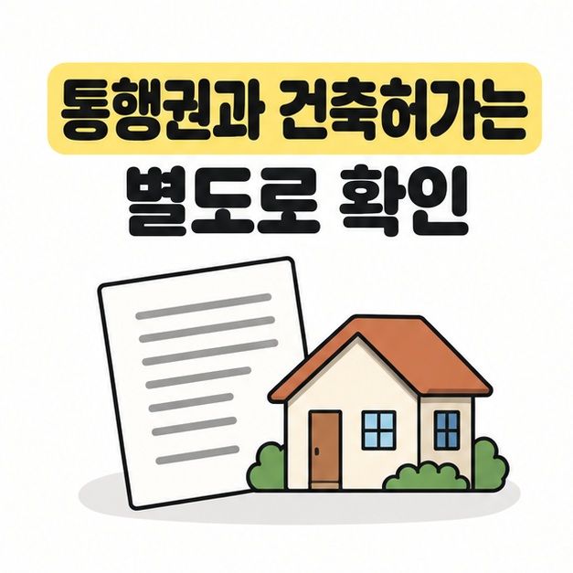 통행권과 건축허가를 별도로 확인해야 한다는 법률 문서와 집 그림