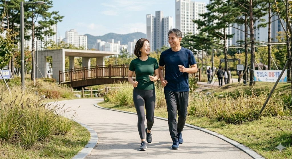맑은 날 공원에서 산책하며 혈압과 혈당을 관리하는 건강한 부부