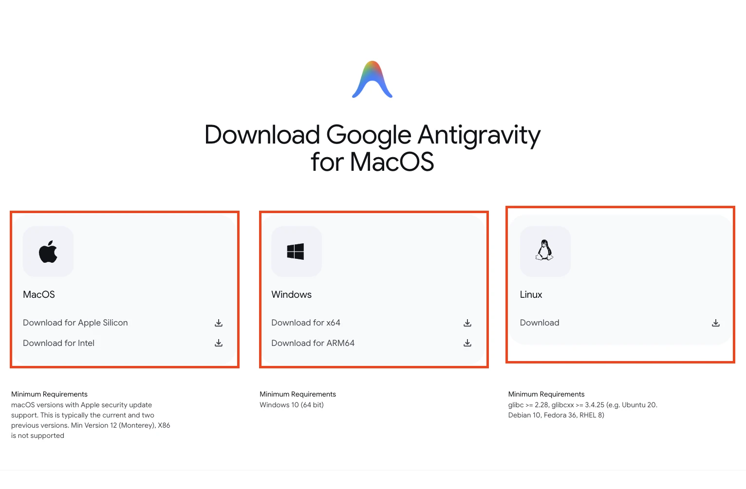 구글 안티그래비티 공식 다운로드 화면 스크린샷