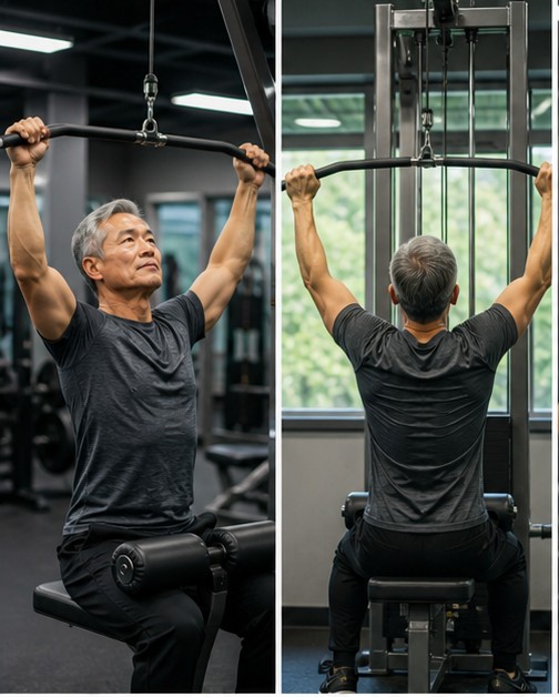 헬스장에서 안전하게 랫 풀다운(lat pulldown) 을 하면서 팔 근육을 키우고 있는 시니어 이미지