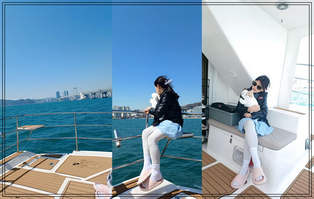 요트모습-모서리에-앉을수-있는-좌석-그-의자에-앉아있는-여자아이-옆모습-요트-내부-쇼파에-앉아있는-여자아이-고양이-인형-안고있음
