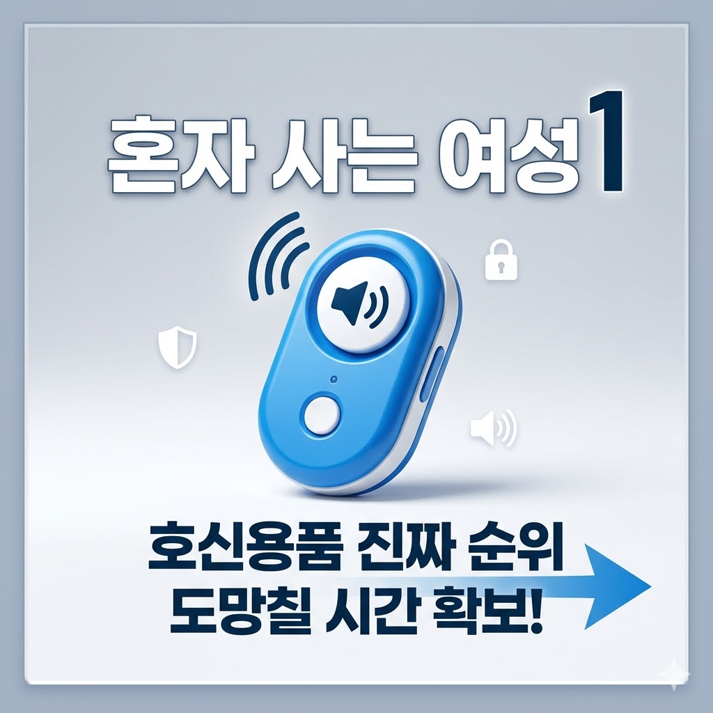 "혼자 사는 여성 호신용품 진짜 순위 썸네일. 중앙에 파란색 휴대용 전자 경보기 아이콘이 배치되어 있고, 상단에는 흰색 굵은 글씨로 '혼자 사는 여성 1인 가구', 하단에는 '호신용품 진짜 순위 도망칠 시간 확보!'라는 문구와 오른쪽을 향하는 파란색 화살표가 깔끔하게 정렬되어 있는 리스트 최적화형 중앙 집중식 이미지"