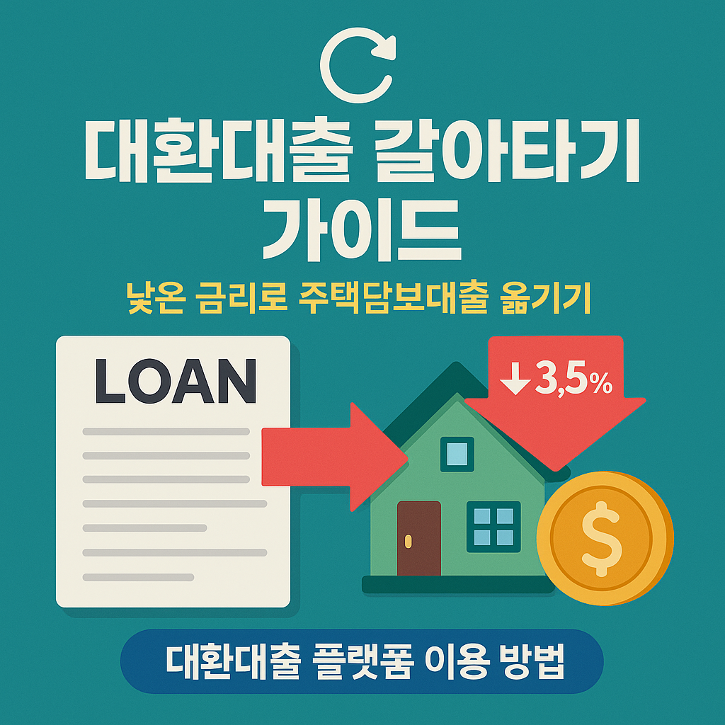 “대환대출 갈아타기 안내 썸네일 – 낮은 금리로 주택담보대출을 옮기는 방법과 대환대출 플랫폼 이용 절차를 설명하는 금융 인포그래픽”