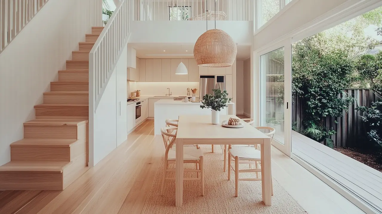 에너지 효율이 높은 첨단 기술 덕분에 전기 요금이 낮게 유지되는 현대적이고 통풍이 잘 되는 집. 무풍 에어컨은 에너지 절약을 실현하며 삶의 질을 높인다.