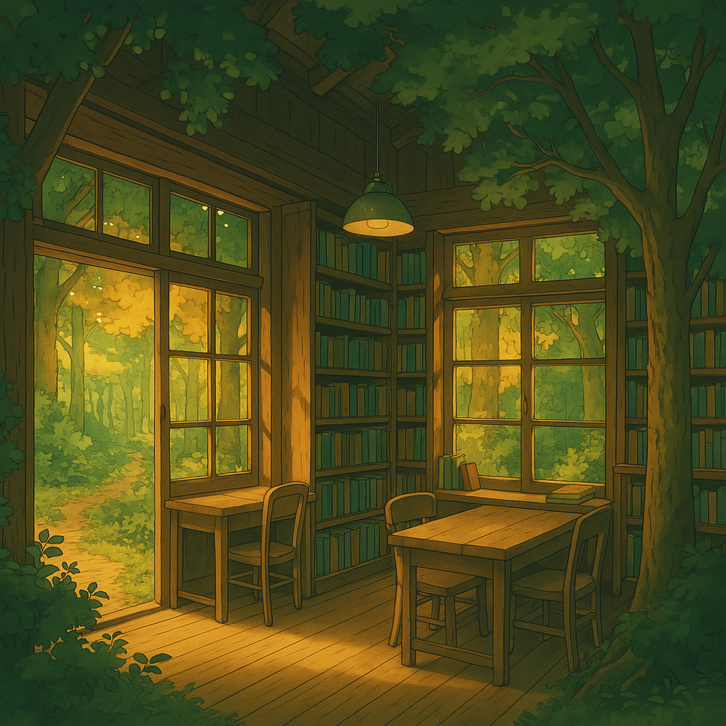 지브리 스타일 숲속 도서관