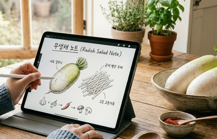 포근한 회색 스웨터를 입은 여성이 주방 창가 옆 나무 식탁에서 아이패드 프로 화면에 '무생채 노트'라는 한글 제목과 함께 통무 일러스트, 곧게 뻗은 무채 스케치를 드로잉하는 측후면 구도의 모습. 테이블 오른쪽에는 도자기 대접에 담긴 싱싱한 생물 무 두 개와 고운 고춧가루가 담긴 작은 종지, 나무 수저가 놓여 있는 서정적이고 포근한 주방 이미지.