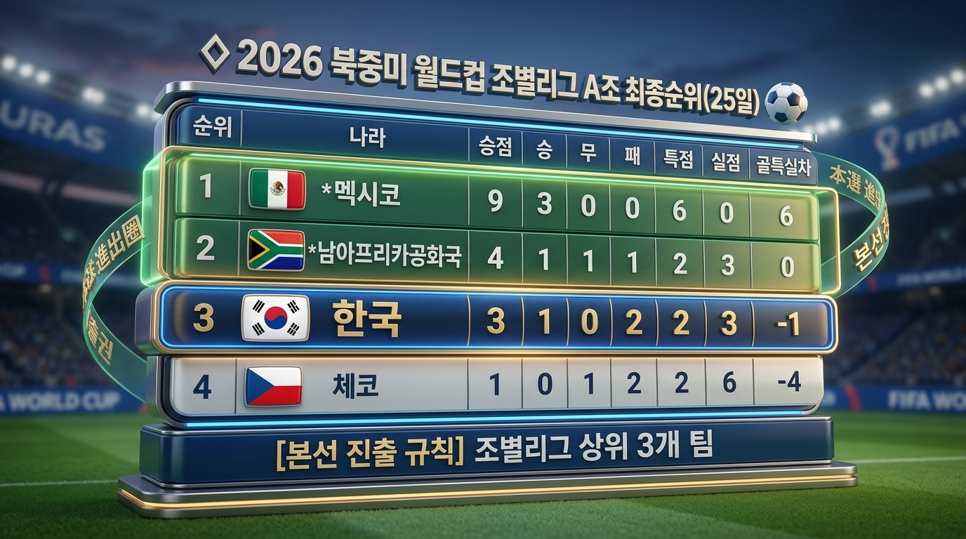 대한민국이 포함된 2026 월드컵 A조 최종 순위표 인포그래픽.