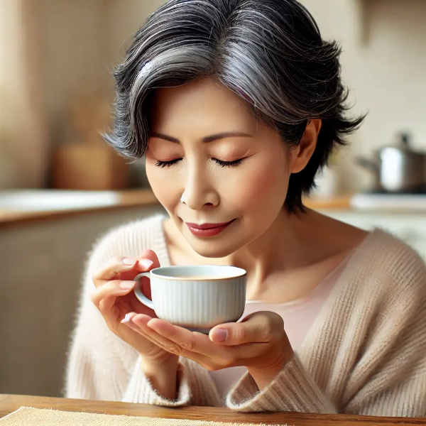 주방에서 커피 향을 맡으려 하지만 후각을 느끼지 못해 당황한 중년 동양 여성