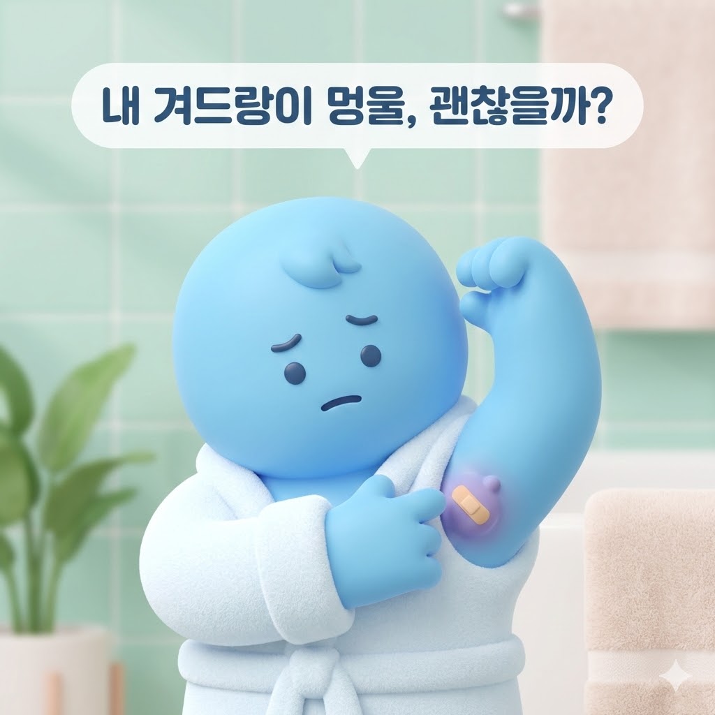 겨드랑이에 작은 멍울이 생긴 것을 걱정하며 만져보는 귀여운 캐릭터. '내 겨드랑이 멍울, 괜찮을까?'라는 문구가 있는 3D 카툰 일러스트.