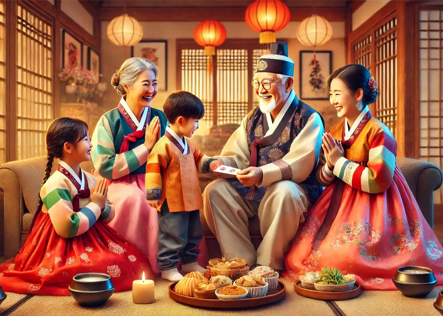 세뱃돈을 주는 할아버지 할머니