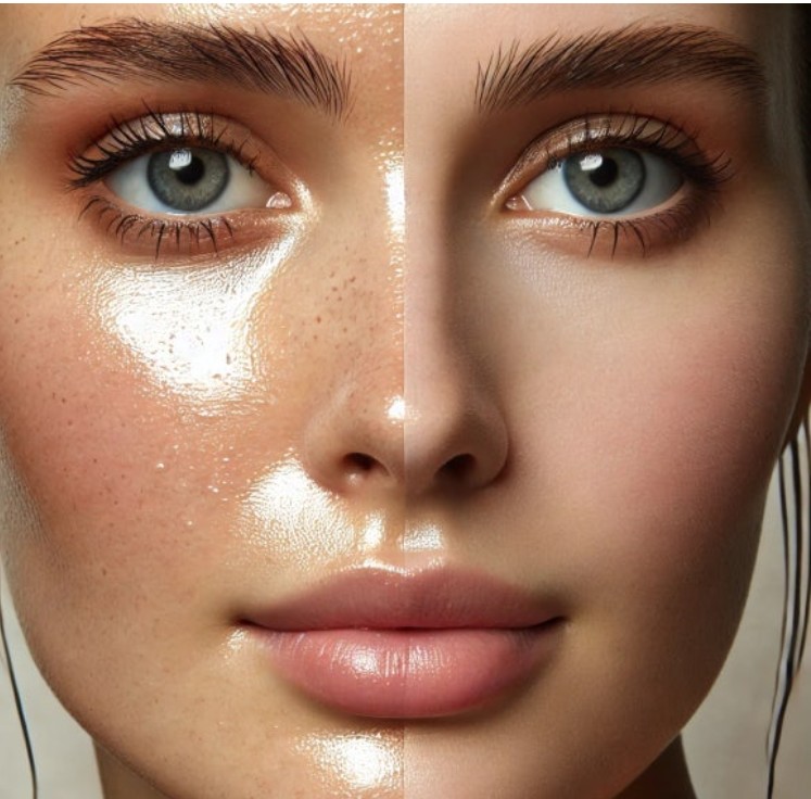 지성피부와 일반피부의 차이점을 나타낸 얼굴