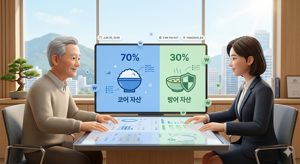 은퇴자가 은행 창구에 앉아 IRP 절세 계좌의 밥과 국 규정 제한선 70대 30 모형을 태블릿 화면으로 보며 흐뭇하게 자산 분산 배치를 마무리지어 나가는 깔끔한 가이드 디자인 일러스트