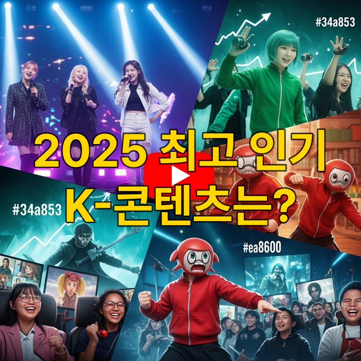 2025년 유튜브 연말 결산에서 K-콘텐츠의 글로벌 성공을 상징하는 역동적인 이미지. K-팝 아이돌, 오징어 게임, 케이팝 데몬 헌터스 등 다양한 K-콘텐츠 요소들이 전 세계 시청자들의 열렬한 환호 속에서 어우러져 있는 모습.
