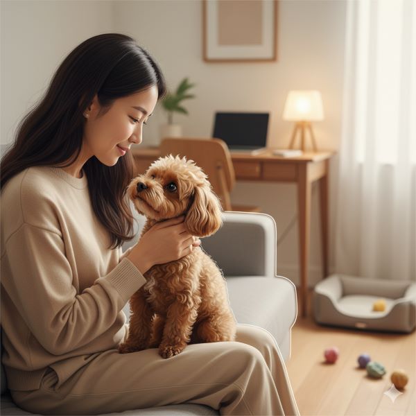 1인가구 보호자가 소파에 앉아 푸들강아지와 눈을 맞추며 교감하고 있는 장면