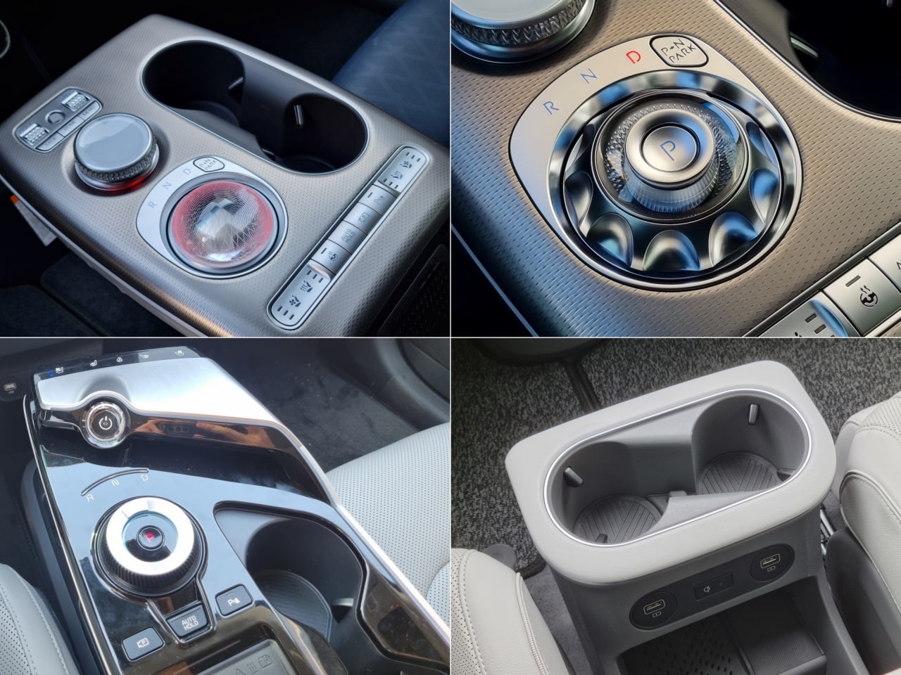 GV60(위)과 EV6(좌측 아래), 아이오닉5(우측 아래)의 센터 콘솔을 찍은 모습입니다.