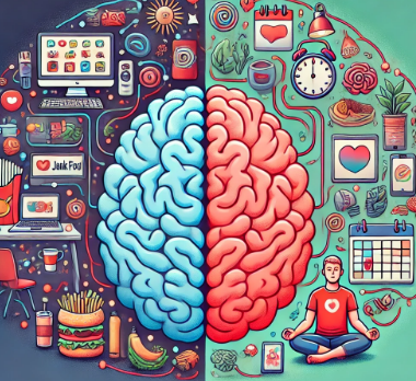도파민 중독에서 벗어나는 과정을 표현한 개념 일러스트. 한쪽에는 혼란스러운 화면, SNS, 자극적인 음식, 알림 등이 어지럽게 있고, 다른 한쪽에는 집중력과 루틴을 상징하는 책, 달력, 명상하는 사람, 균형 잡힌 뇌가 조화롭게 배치. 뇌의 보상회로가 붉은색에서 차분한 파란색으로 재구성되는 모습.