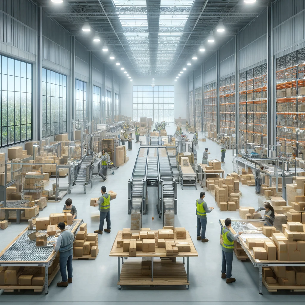 현대적인 쿠팡풀필먼트 센터에서 일하는 일용직 직원들이 다양한 업무를 수행하고 있는 모습. 넓은 창고 공간에서 직원들이 제품을 분류하고 포장하며 출고 준비를 하고 있다.