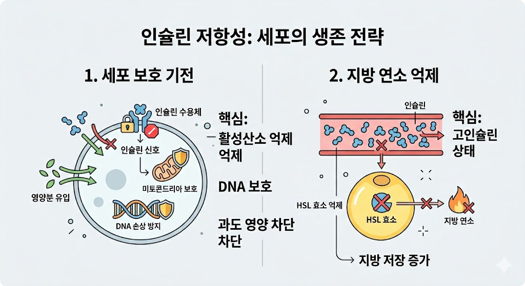 '인슐린 저항성' 인포그래픽입니다. 왼쪽은 영양분/인슐린 신호 차단을 통해 DNA와 미토콘드리아를 보호하는 세포 보호 기전을 설명합니다. 오른쪽은 고인슐린 상태가 HSL 효소를 억제하여 지방 연소를 차단하고 체지방 저장을 늘리는 과정을 보여줍니다.