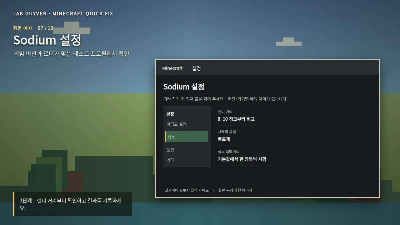 마인크래프트 Sodium 모드 렌더 거리 그래픽 성능 최적화 설정