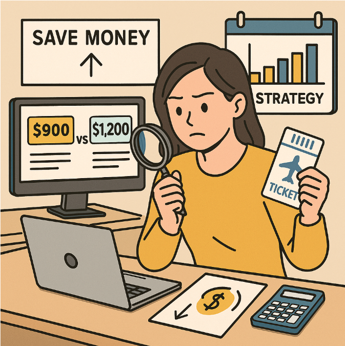 항공권 가격을 비교하고 절약 전략을 세우는 모습 이미지