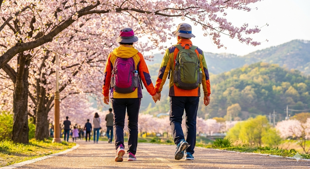 활짝 웃으며 건강하게 산책하는 노부부의 뒷모습