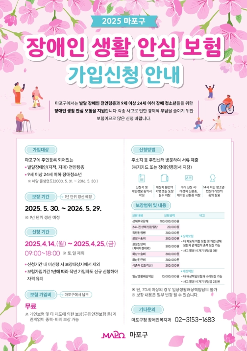 마포구, 장애인 생활 안심 보험 지원 &ndash; 전액 무료, 최대 1억 원 보장
