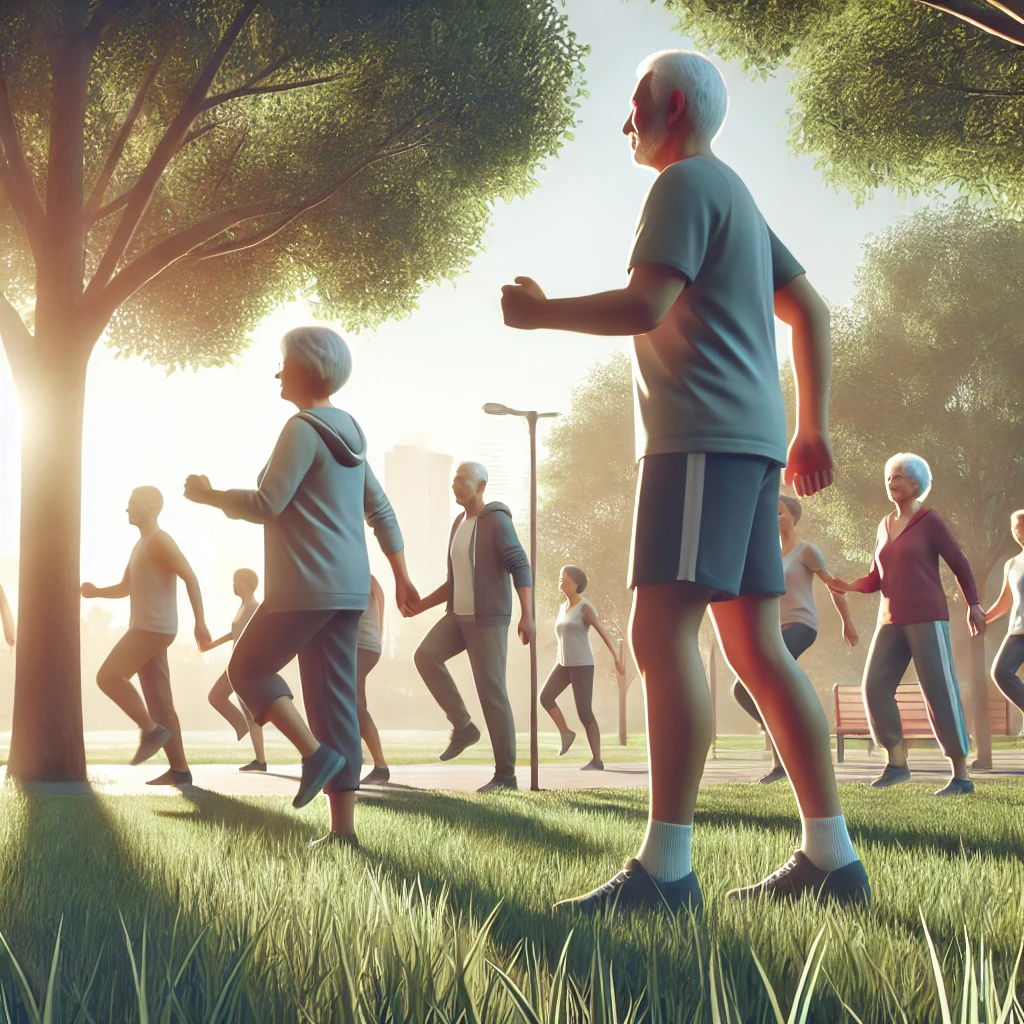 공원에서 함께 운동하는 노년의 한국인 그룹&amp;#44; 맑은 하늘과 나무가 배경.