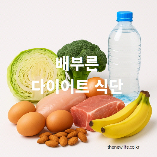 A clean arrangement of healthy foods for a full and satisfying diet, including cabbage, broccoli, eggs, almonds, chicken, pork, bananas, and water.-양배추, 브로콜리, 달걀, 닭가슴살, 돼지고기, 바나나, 아몬드, 생수 등으로 구성된 배부른 다이어트 식단 이미지