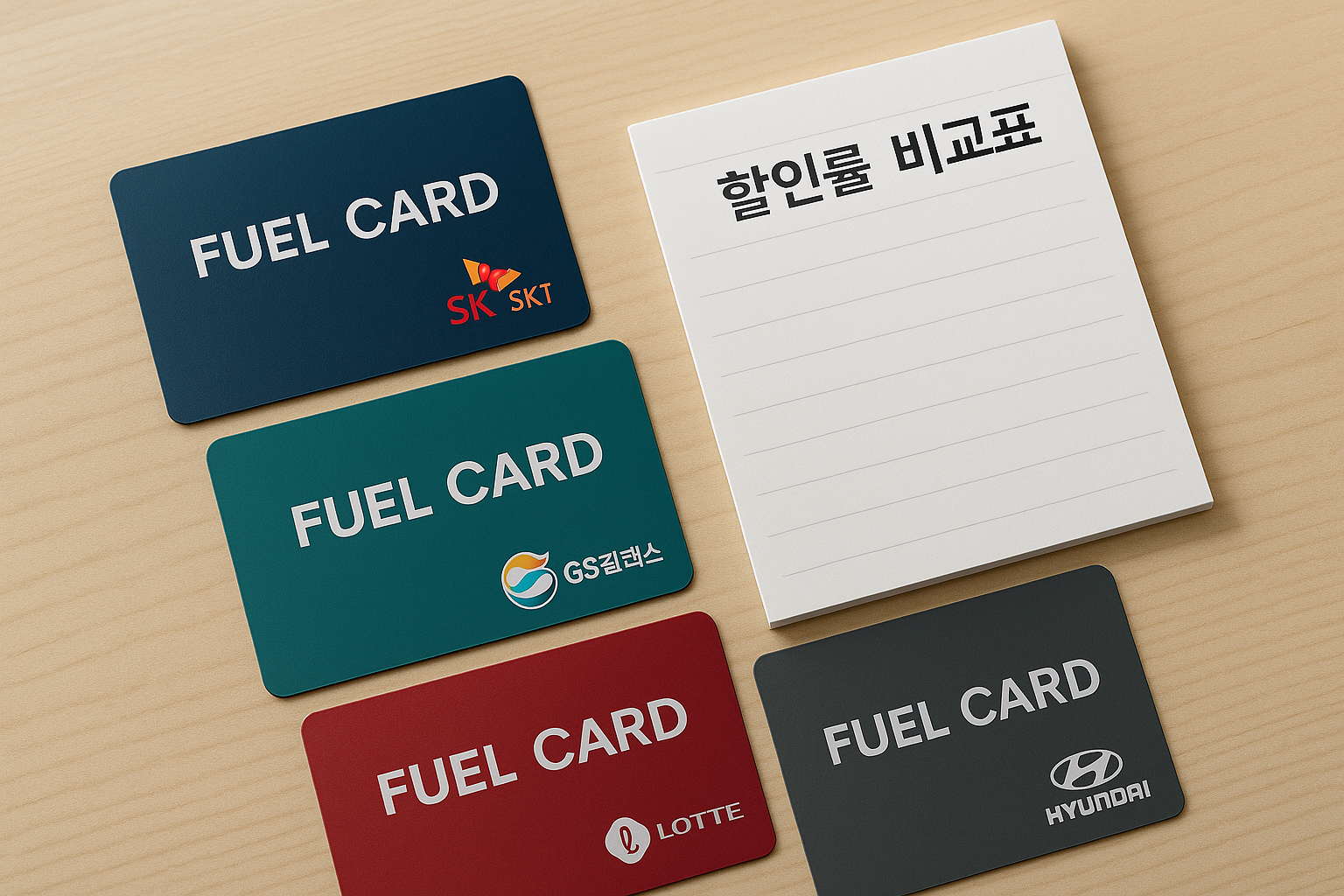 주유 할인 카드 여러 장이 테이블에 펼쳐져 있음