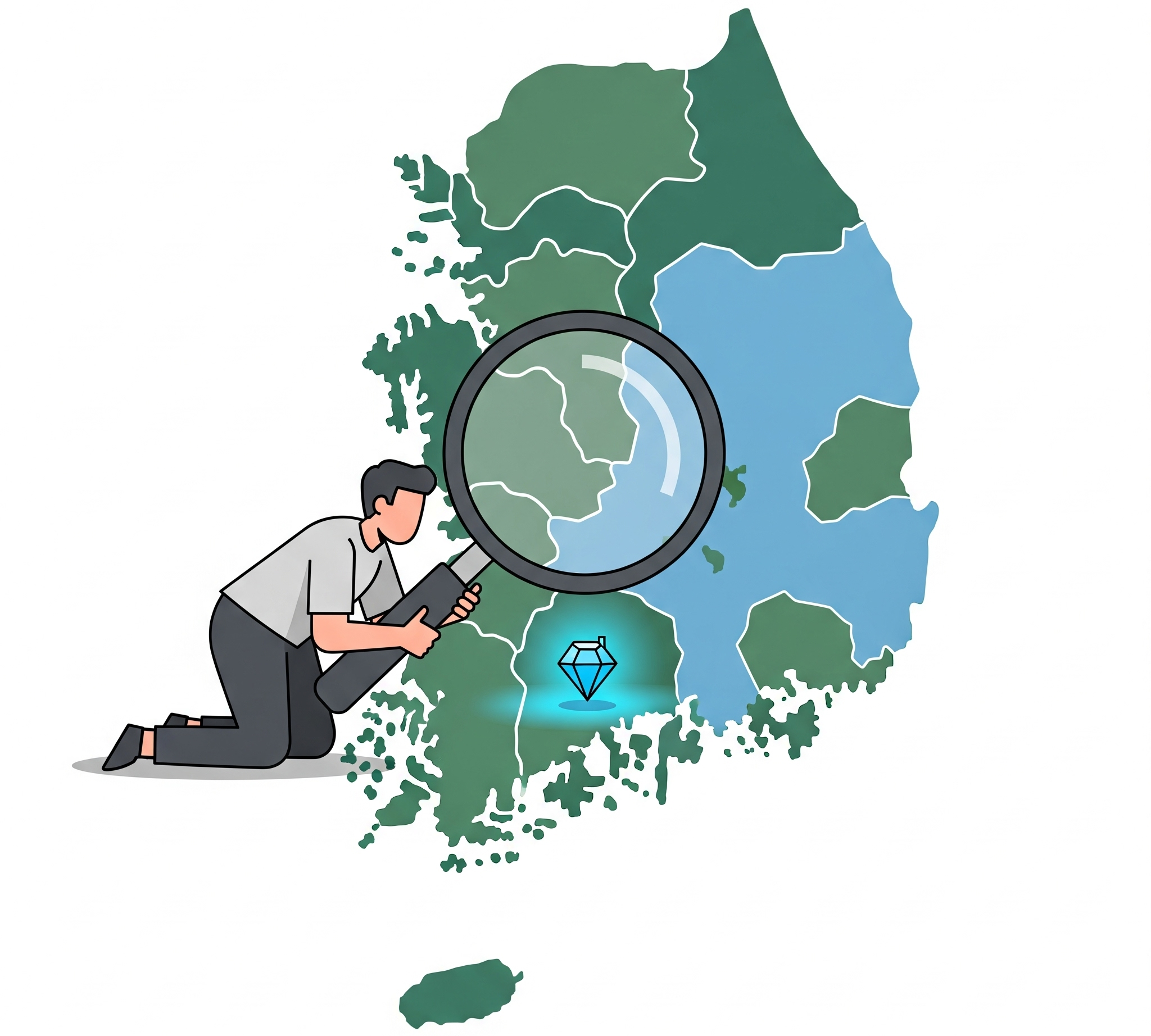 돋보기로 대한민국 지도에서 공시지가 1억 이하 저평가 소도시를 찾아내는 모습