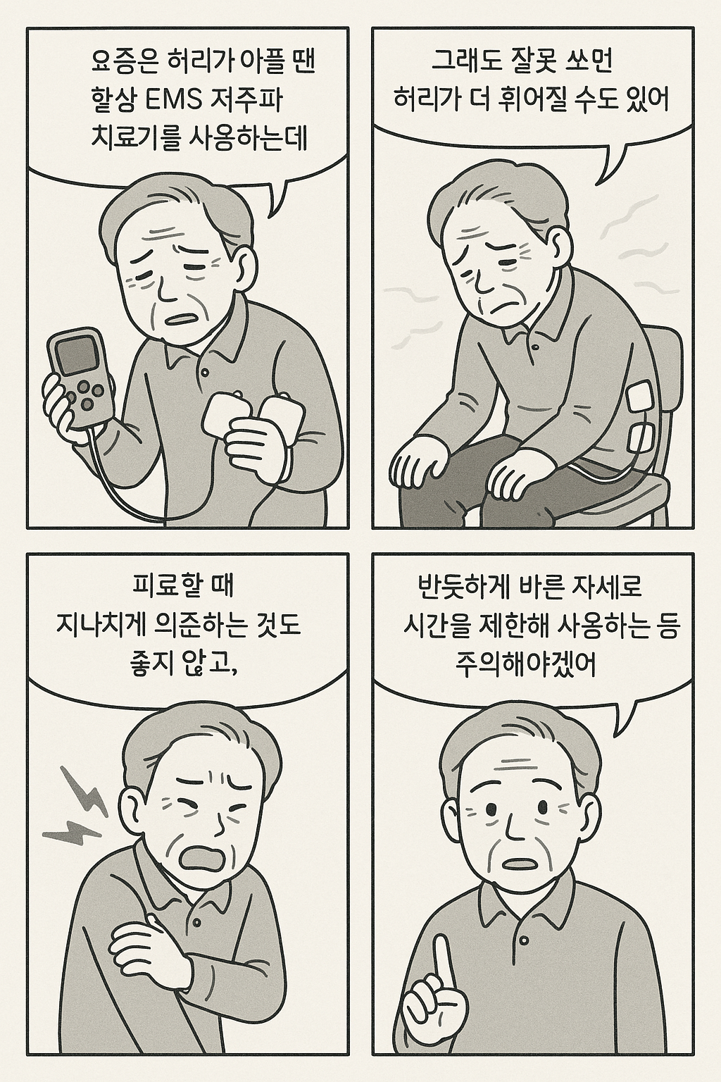 고령자는 젊은 사람들과 달리 피부 민감도, 근육량, 신경 반응이 현저히 낮아져 있는 상태입니다. 이런 상태에서 강도 높은 저주파를 무리하게 사용할 경우, 다음과 같은 문제가 발생할 수 있습니다.

근육 수축에 의한 허리 휘어짐
EMS는 강제로 근육을 수축시키기 때문에 약화된 허리 근육이 제 기능을 하지 못할 경우, 비정상적인 수축이 자세를 더 왜곡시킬 수 있습니다. 특히 허리가 이미 굽은 상태에서는 요추(허리뼈)의 전방 경사 또는 후방 경사를 악화시켜 자세 불균형을 심화시킬 수 있습니다.
지속적인 자극으로 인한 신경피로
신경 전달 속도가 느려진 고령자의 경우, 전기 자극이 오히려 신경계의 과부하를 유발해 피로감을 더 높일 수 있으며, 통증이 만성화되는 경우도 있습니다.
피부 화상 및 자극
고령자의 피부는 얇고 건조하여 전극 부착 시 자극에 민감합니다. 장시간 사용은 피부 화상 또는 염증을 유발할 수 있으므로 특히 조심해야 합니다.