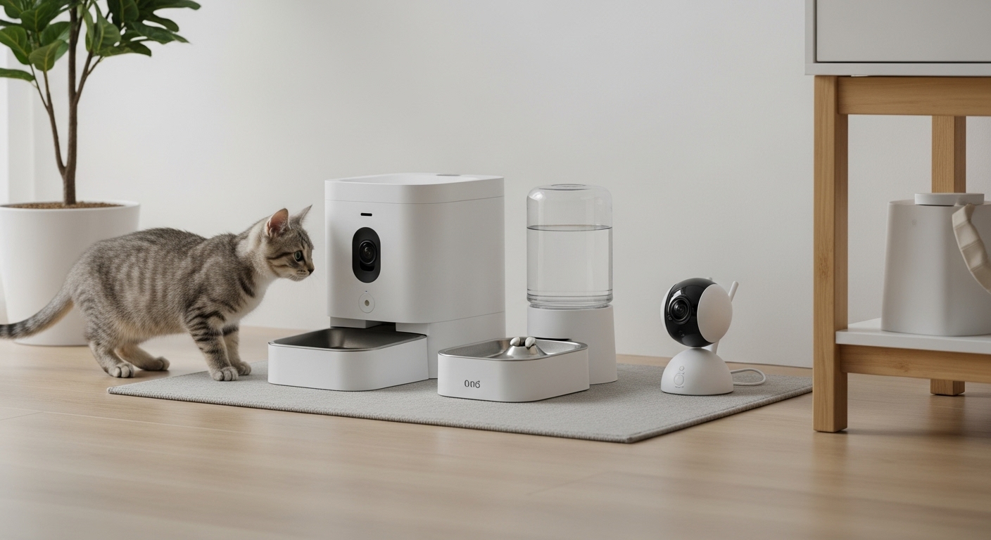 현대적인 집에 놓인 자동 급식기, 정수기 등 다양한 펫테크 가전제품들